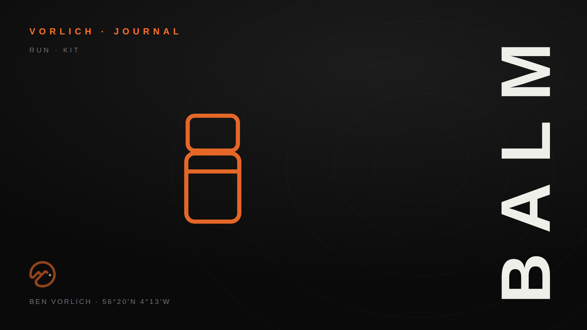 BALM — Vorlich Journal cover: orange outline anti-chafe balm stick pictogram on black with contour rings