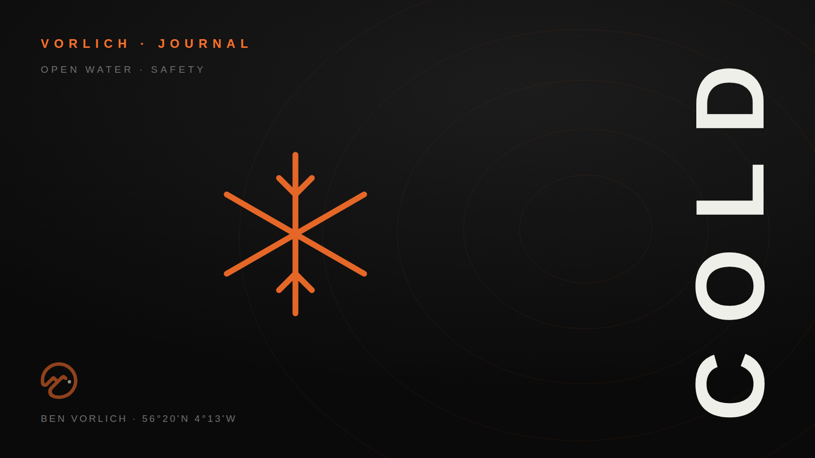 COLD — Vorlich Journal cover: orange outline snowflake pictogram on black with contour rings