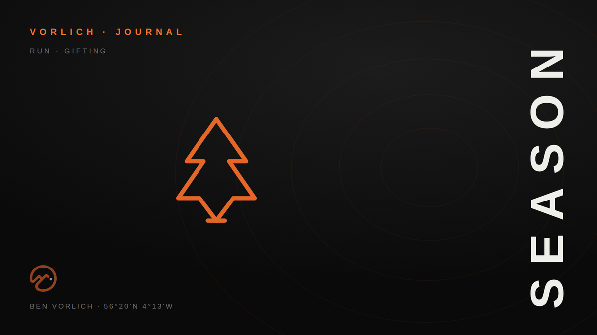 SEASON — Vorlich Journal cover: orange outline pine tree pictogram on black with contour rings