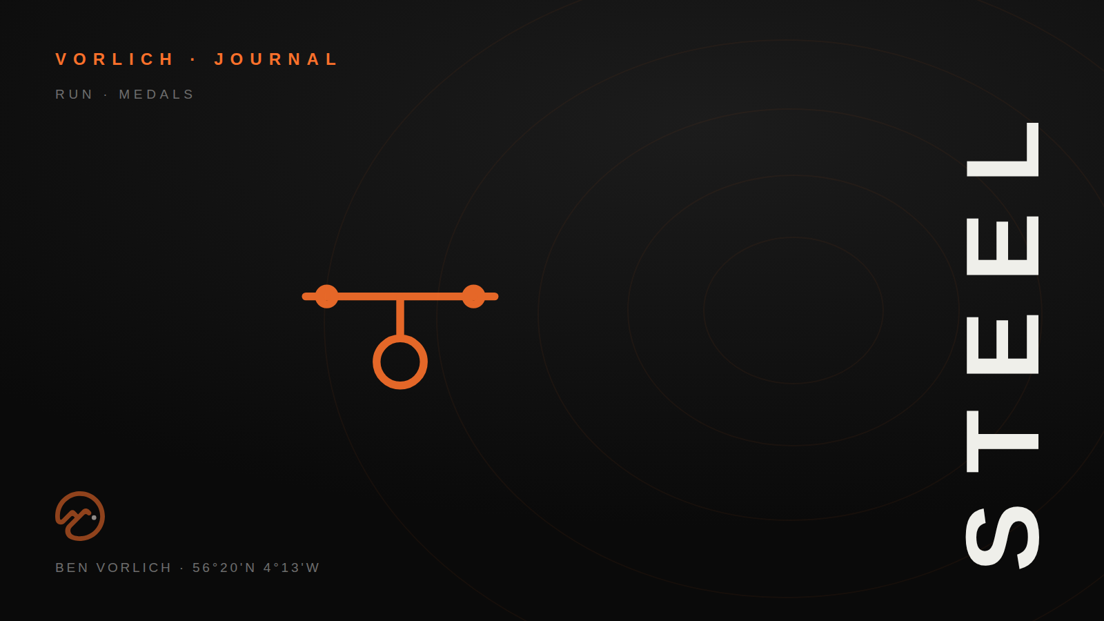 STEEL — Vorlich Journal cover: orange outline steel rail and medal pictogram on black with contour rings