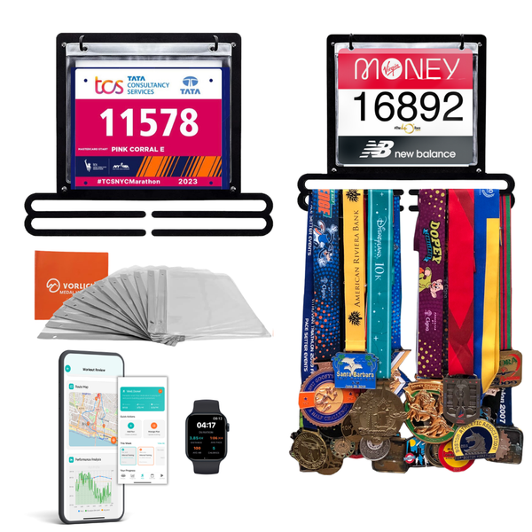 VORLICH SUMMIT medal hanger and race bib display kit - wall-mounted plate, race bib display frame, clear display sheets and the RunV training app on phone and watch
