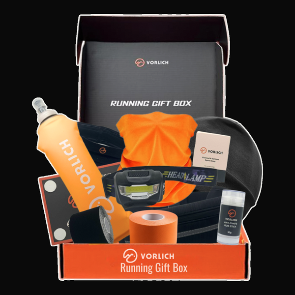 Vorlich Running Gift Box for runners - orange presentation box with all 13 essentials laid out - Standard