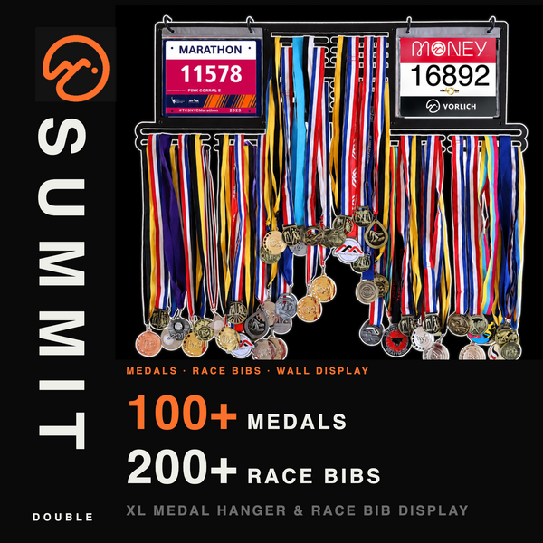 VORLICH SUMMIT Double XL medal hanger and race bib display holding 100+ medals and 200+ race bibs across two full-width bib panels and two medal rails
