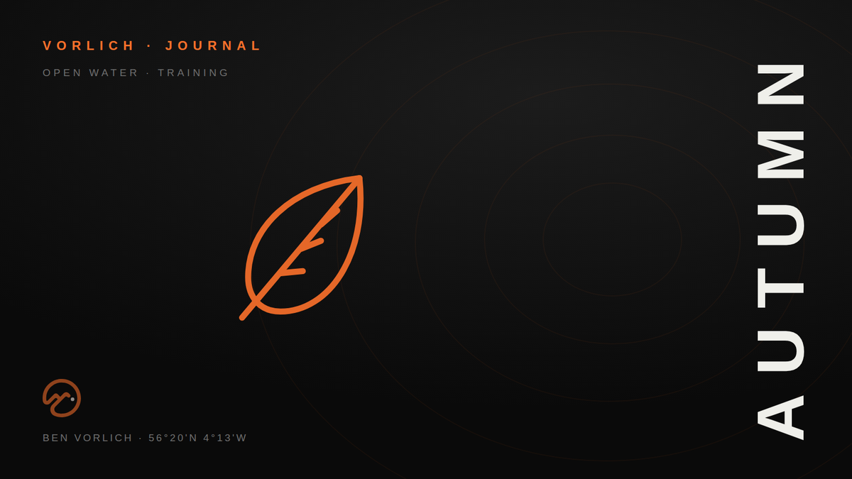 AUTUMN — Vorlich Journal cover: orange outline falling leaf pictogram on black with contour rings