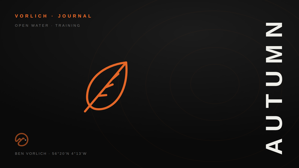 AUTUMN — Vorlich Journal cover: orange outline falling leaf pictogram on black with contour rings