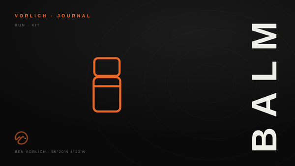 BALM — Vorlich Journal cover: orange outline anti-chafe balm stick pictogram on black with contour rings
