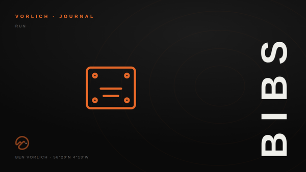 BIBS — Vorlich Journal cover: orange outline race bib pictogram on black with contour rings