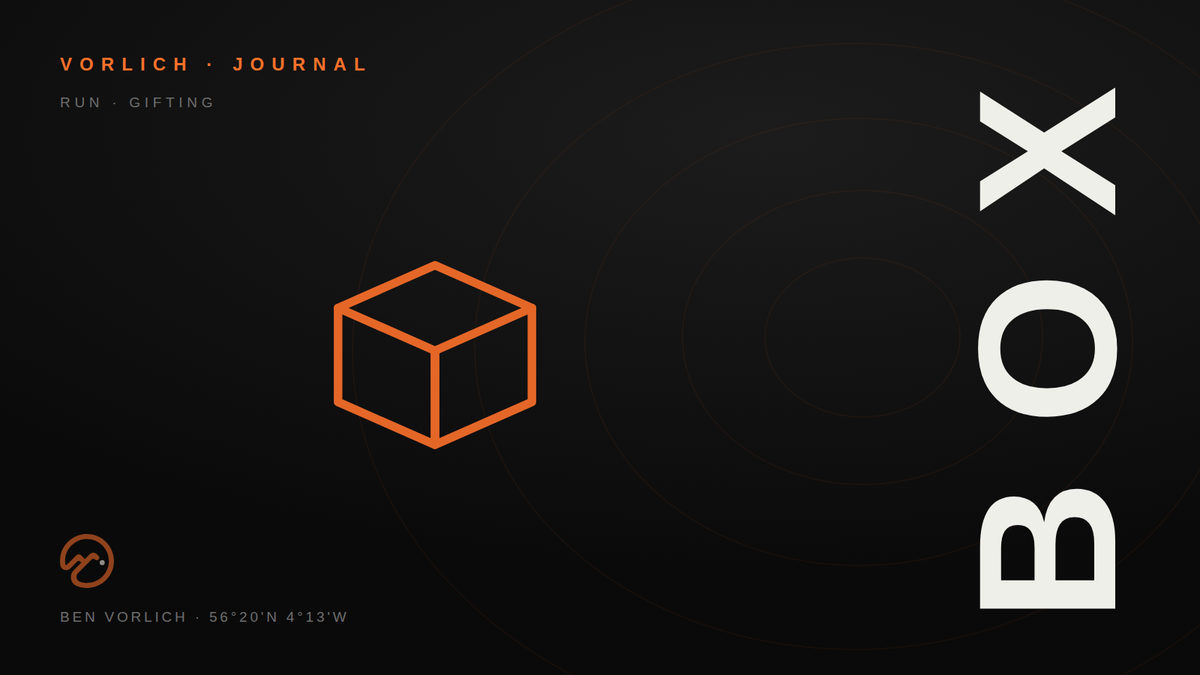 BOX — Vorlich Journal cover: orange outline isometric box pictogram on black with contour rings