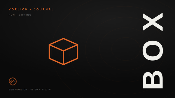 BOX — Vorlich Journal cover: orange outline isometric box pictogram on black with contour rings