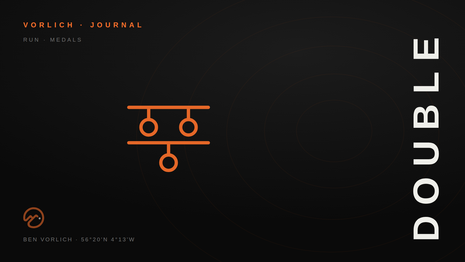 DOUBLE — Vorlich Journal cover: orange outline double medal rail pictogram on black with contour rings