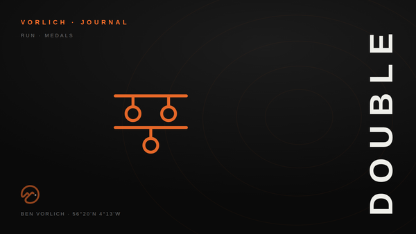 DOUBLE — Vorlich Journal cover: orange outline double medal rail pictogram on black with contour rings