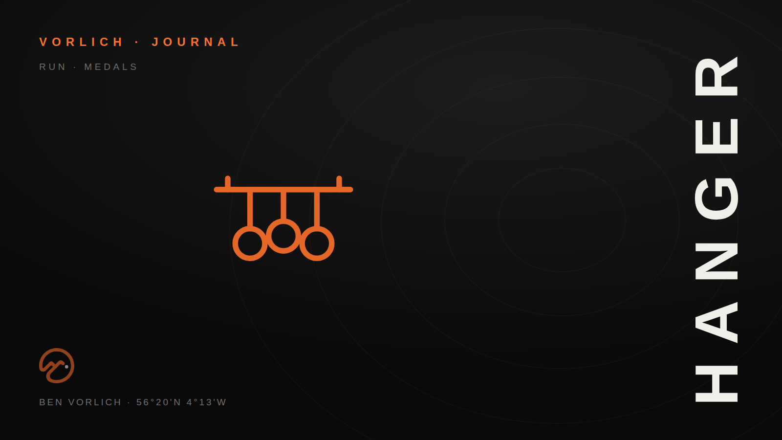 HANGER — Vorlich Journal cover: orange outline medal rail pictogram on black with contour rings