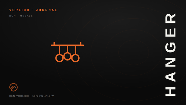 HANGER — Vorlich Journal cover: orange outline medal rail pictogram on black with contour rings