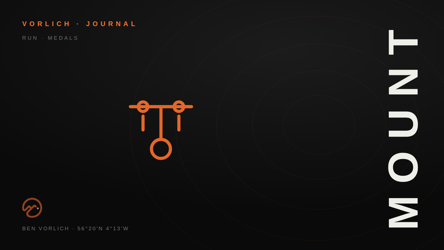 MOUNT — Vorlich Journal cover: orange outline wall-fixing and medal rail pictogram on black with contour rings
