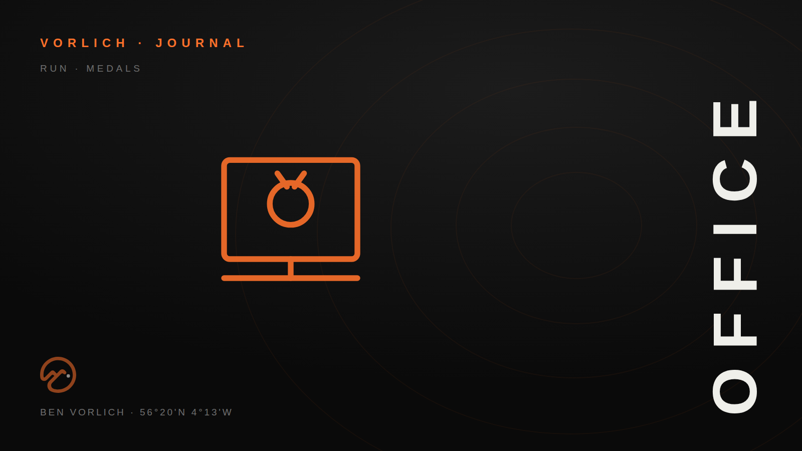 OFFICE — Vorlich Journal cover: orange outline desk display and medal pictogram on black with contour rings