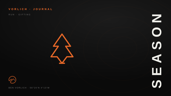 SEASON — Vorlich Journal cover: orange outline pine tree pictogram on black with contour rings