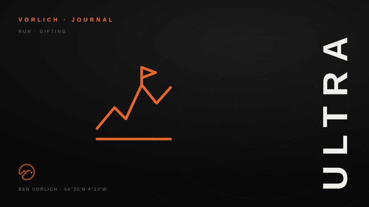 ULTRA — Vorlich Journal cover: orange outline mountain ridge with a summit flag on black with contour rings