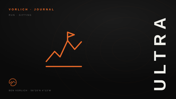 ULTRA — Vorlich Journal cover: orange outline mountain ridge with a summit flag on black with contour rings