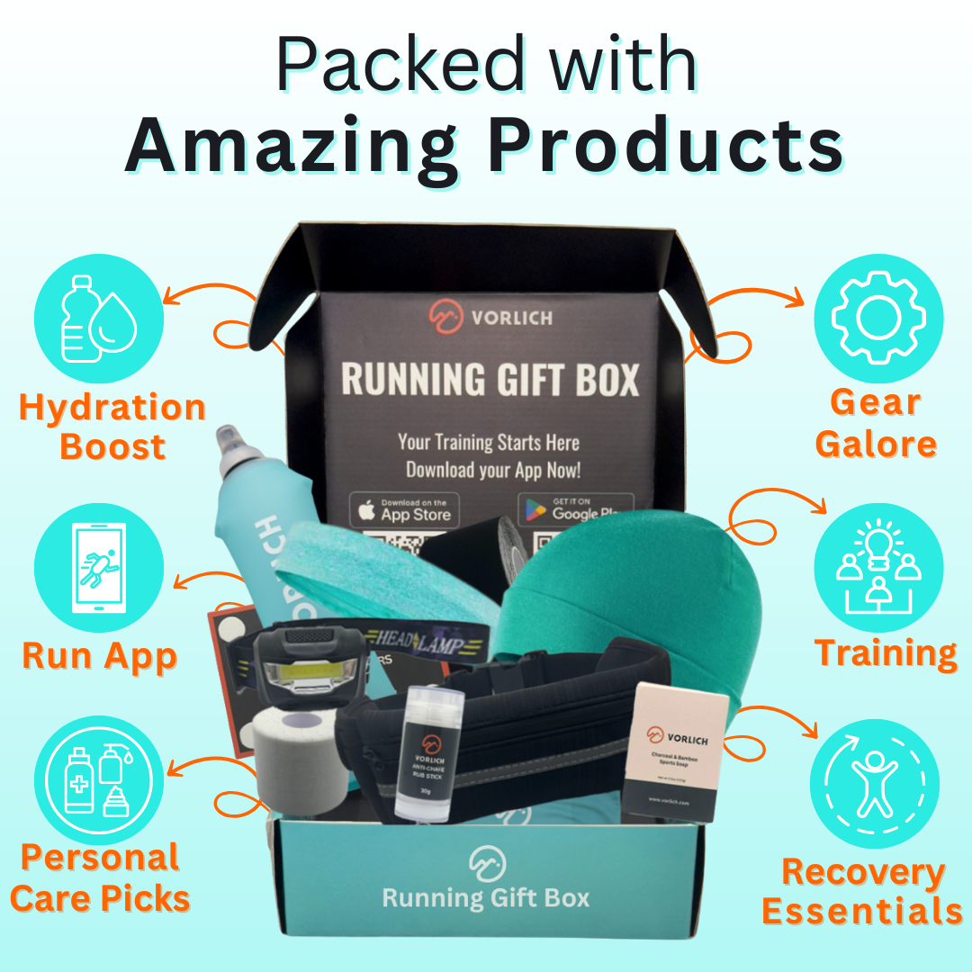 Vorlich® Running Gift Box – 13 Essential Items for Runners for Runners Female & Men – Includes Running Belt, Anti-Chafing Balm, LED Headtorch, Folding Water Bottle & More - (Aqua)