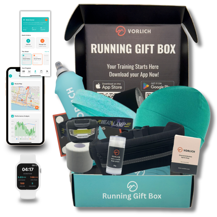 Vorlich® Running Gift Box – 13 Essential Items for Runners for Runners Female & Men – Includes Running Belt, Anti-Chafing Balm, LED Headtorch, Folding Water Bottle & More - (Aqua)