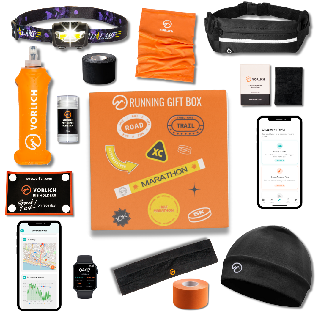 Vorlich® Running Gift Box – 13 Essential Items for Runners – Includes Run App, 8-Week Plan, Running Belt, Anti-Chafing Balm, LED Headtorch, Water Bottle & More