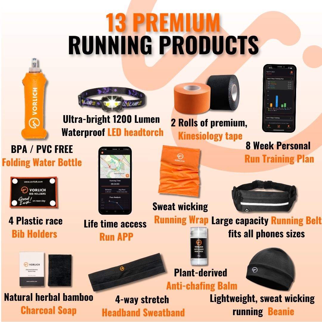 Vorlich® Running Gift Box – 13 Essential Items for Runners – Includes Run App, 8-Week Plan, Running Belt, Anti-Chafing Balm, LED Headtorch, Water Bottle & More