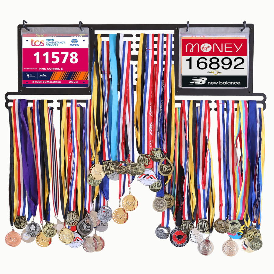 VORLICH SUMMIT Double medal hanger fully loaded with medals and race bibs