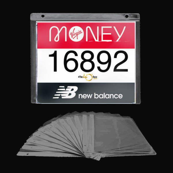 VORLICH SUMMIT Display Sheets - pack of 20 clear race bib pouches with a race bib displayed in the front pouch