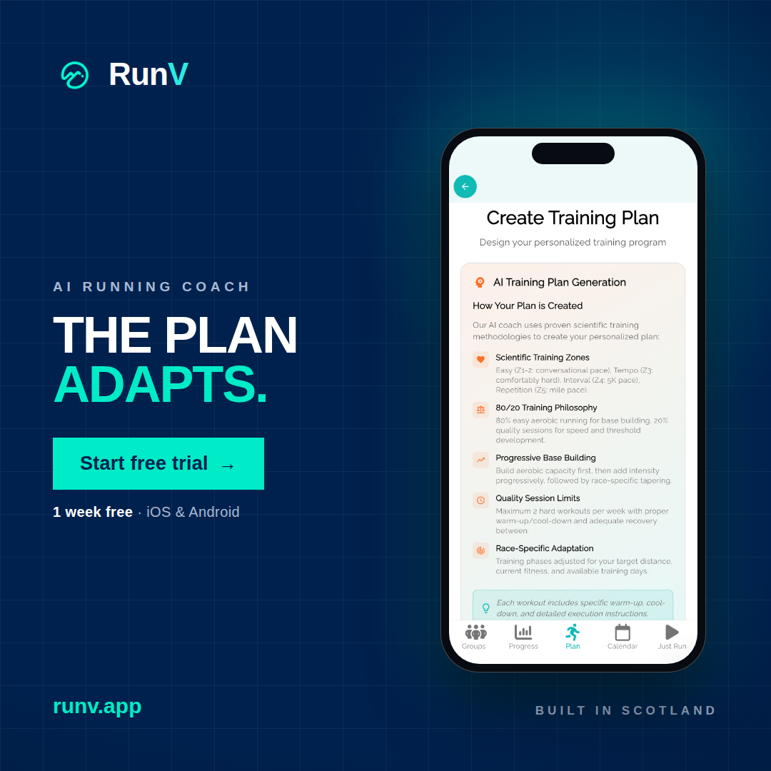 RunV — AI running coach. The plan adapts. Start your free trial at runv.app